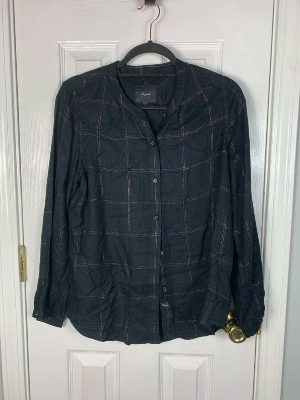 Rails Black Button-Up Shirt with Subtle Plaid Metallic Thread Gold Size Small